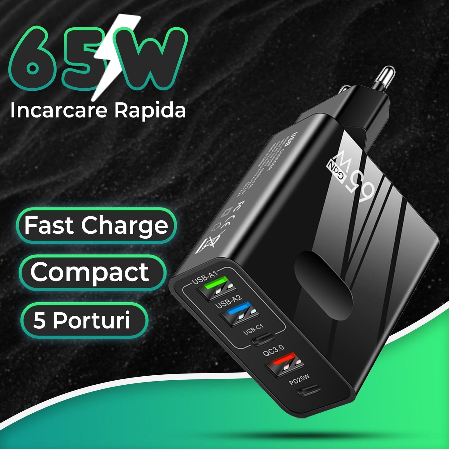 Incarcator Retea Timebox, 5 Porturi, 65W Fast Charge, 3 x USB, 2 x Type-C, QC 3,0, Negru