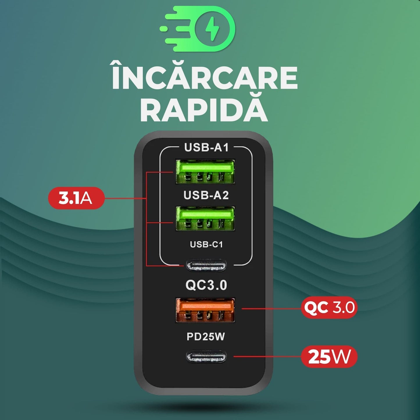 Incarcator Retea Timebox, 5 Porturi, 65W Fast Charge, 3 x USB, 2 x Type-C, QC 3,0, Negru
