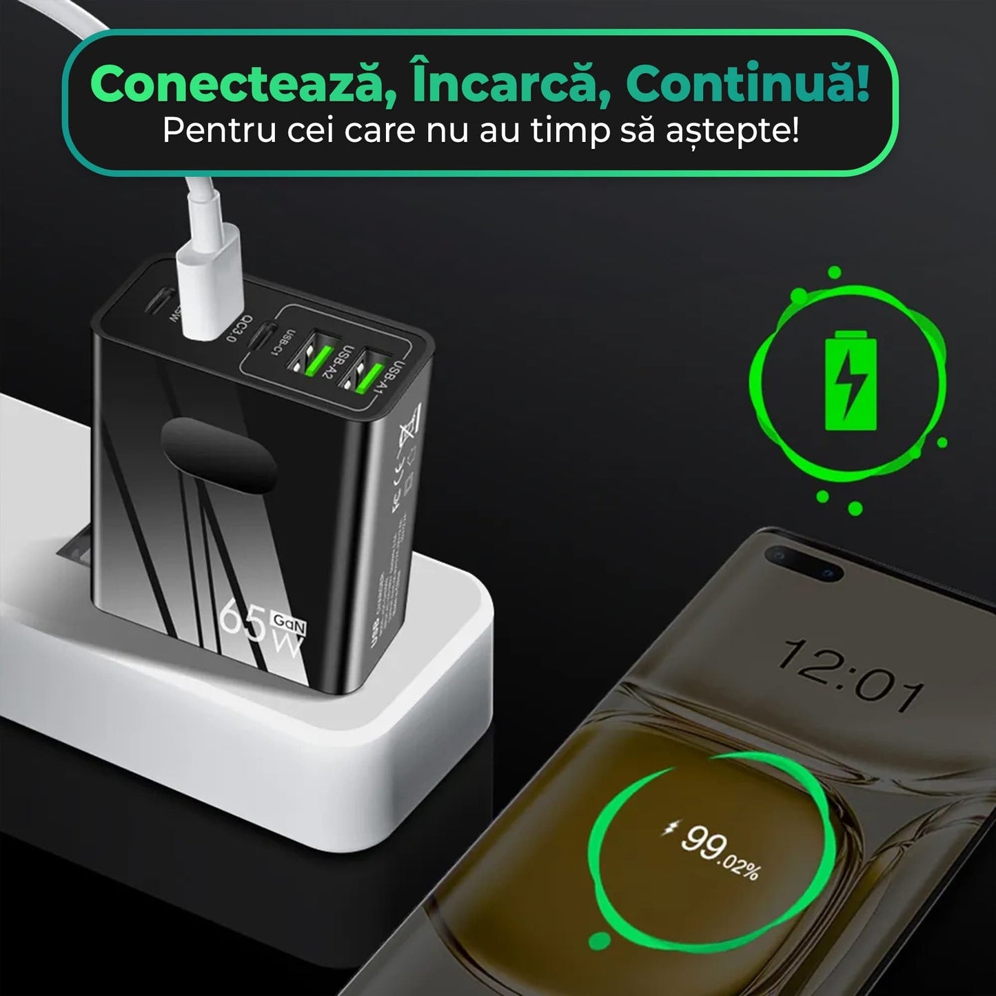 Incarcator Retea Timebox, 5 Porturi, 65W Fast Charge, 3 x USB, 2 x Type-C, QC 3,0, Negru