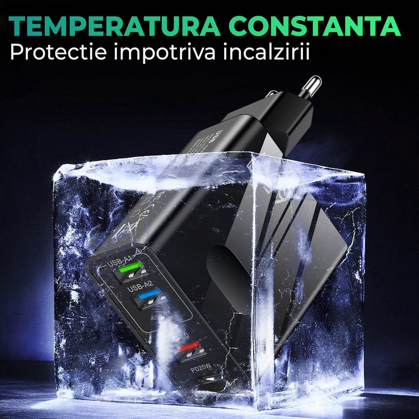 Incarcator Retea Timebox, 5 Porturi, 65W Fast Charge, 3 x USB, 2 x Type-C, QC 3,0, Negru