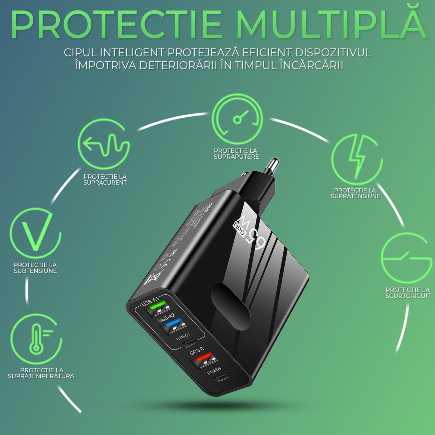 Incarcator Retea Timebox, 5 Porturi, 65W Fast Charge, 3 x USB, 2 x Type-C, QC 3,0, Negru
