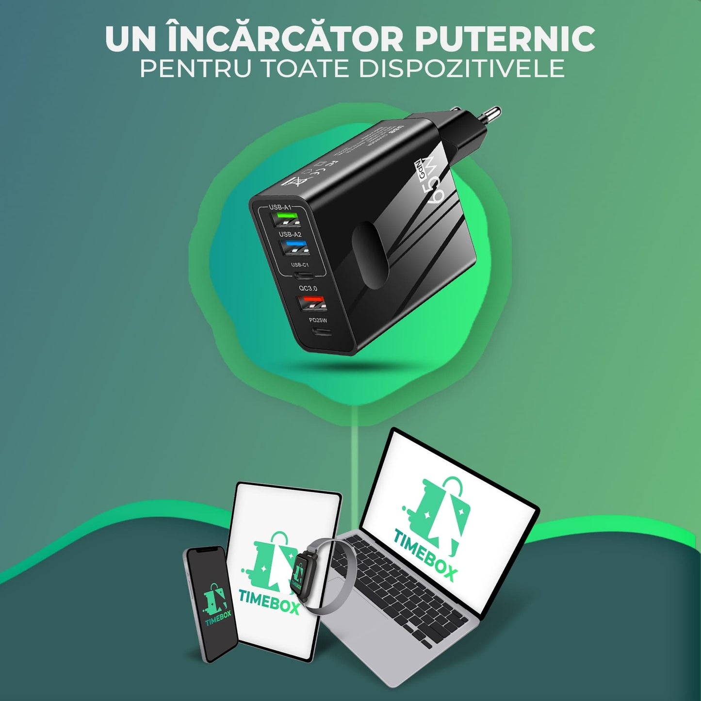 Incarcator Retea Timebox, 5 Porturi, 65W Fast Charge, 3 x USB, 2 x Type-C, QC 3,0, Negru