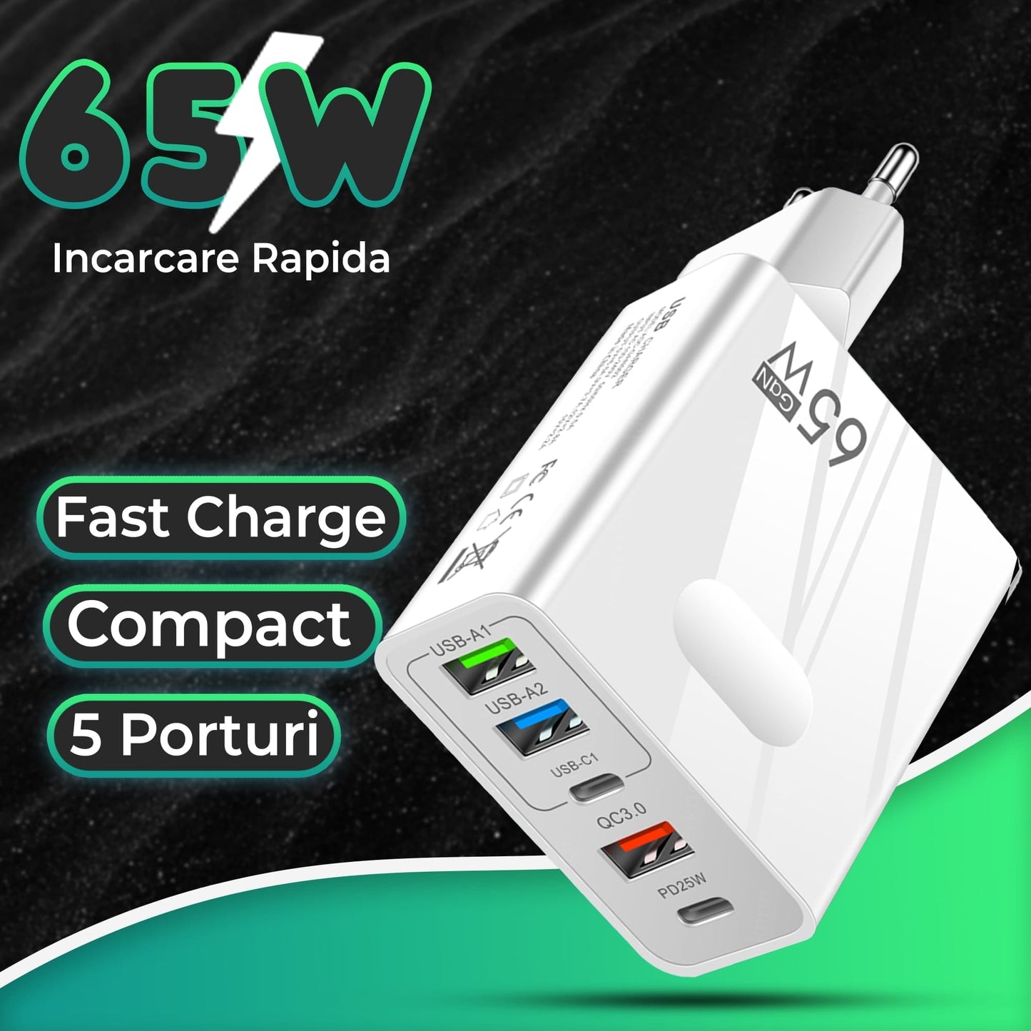 Incarcator Retea Timebox, 5 Porturi, 65W Fast Charge, 3 x USB, 2 x Type-C, QC 3,0, Alb