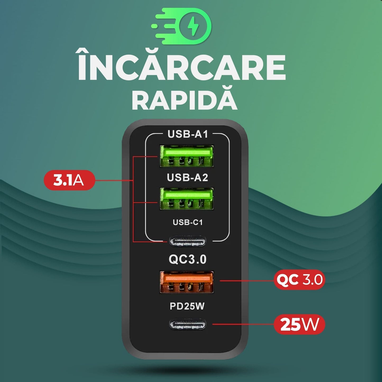 Incarcator Retea Timebox, 5 Porturi, 65W Fast Charge, 3 x USB, 2 x Type-C, QC 3,0, Alb