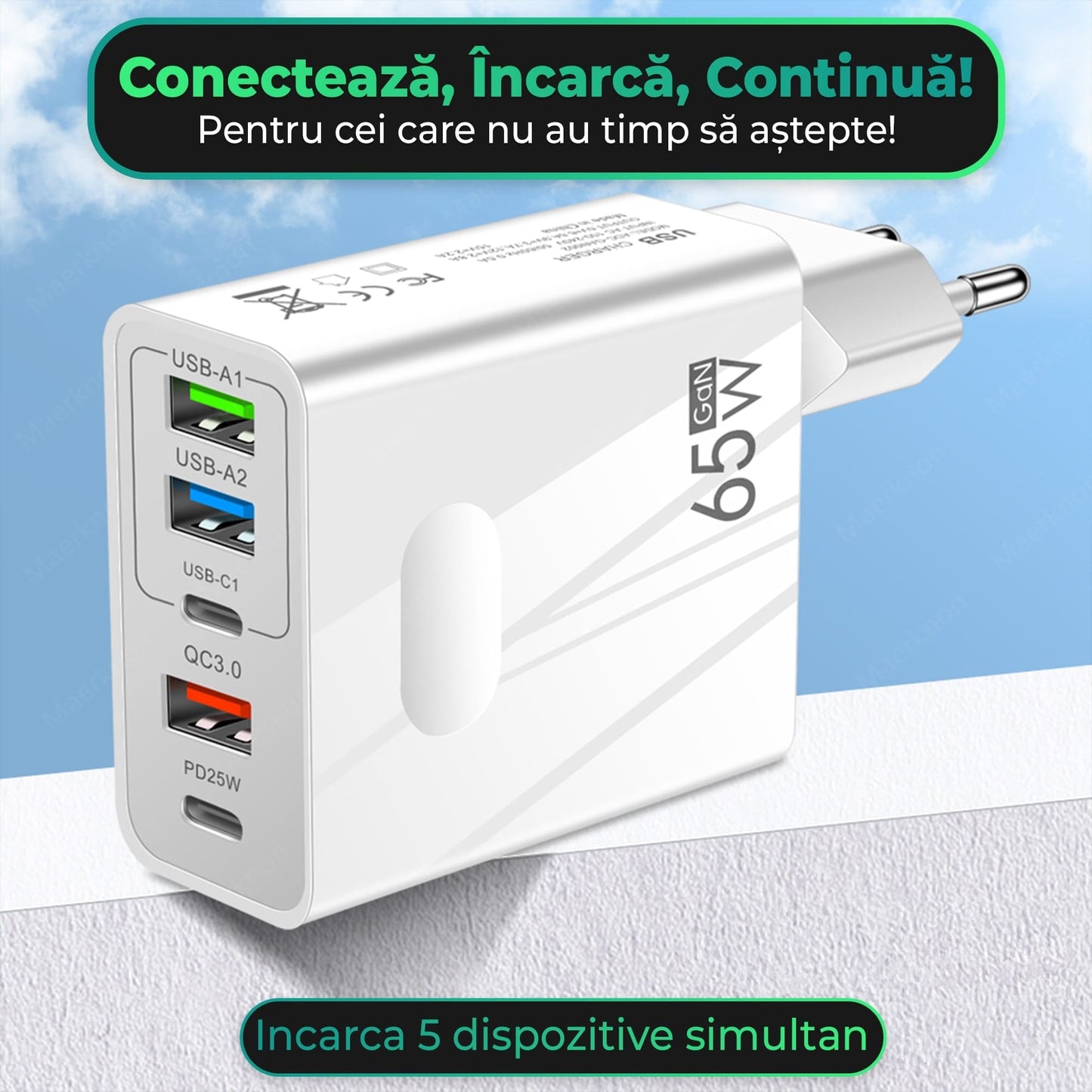 Incarcator Retea Timebox, 5 Porturi, 65W Fast Charge, 3 x USB, 2 x Type-C, QC 3,0, Alb