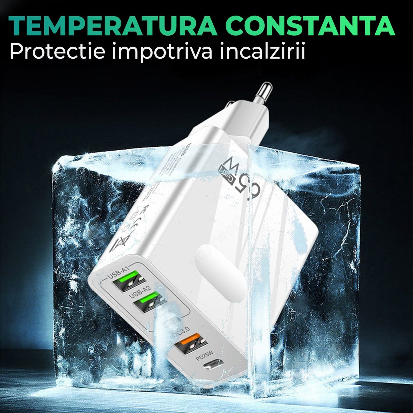 Incarcator Retea Timebox, 5 Porturi, 65W Fast Charge, 3 x USB, 2 x Type-C, QC 3,0, Alb