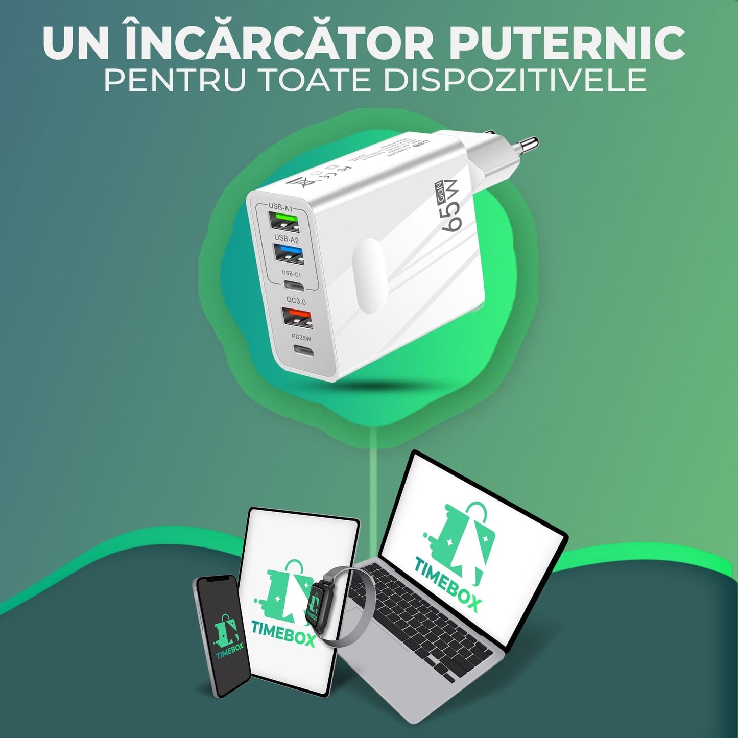 Incarcator Retea Timebox, 5 Porturi, 65W Fast Charge, 3 x USB, 2 x Type-C, QC 3,0, Alb