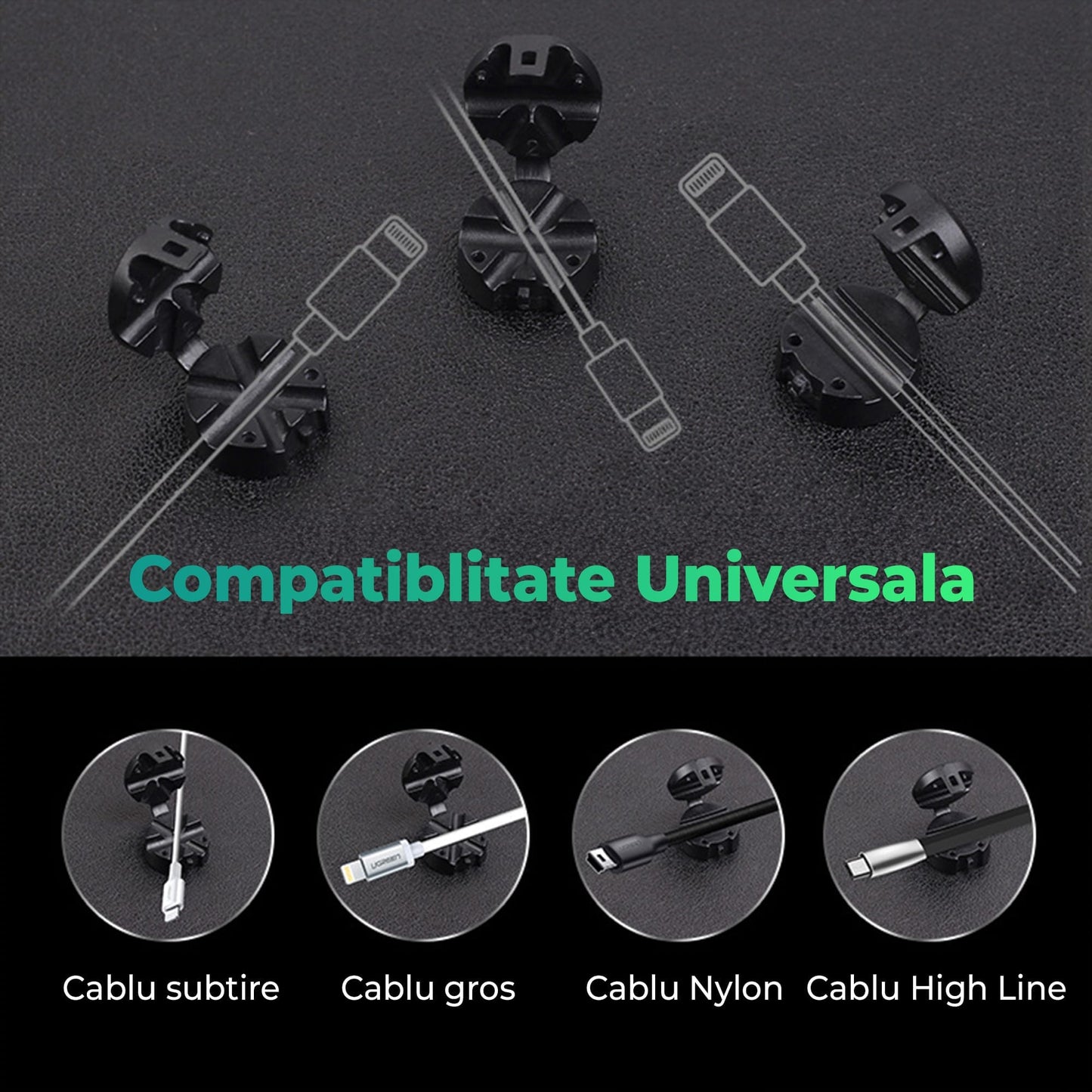 Organizator de cabluri Timebox, cu 4 locuri, Reutilizabil, Autoadeziv pentru birou, masa, masina, noptiera, Negru