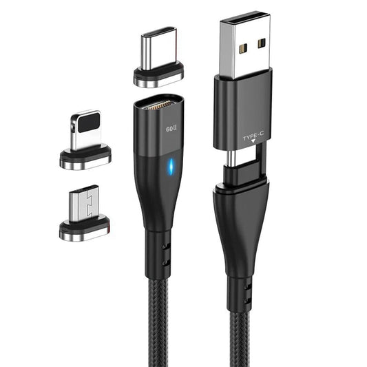 Cablu de date si Incarcare Rapida, 6 in 1, Timebox, QC 3,0, 60W, Magnetic, USB, Type C, Tip Lightning, Micro-USB, 1m, Negru