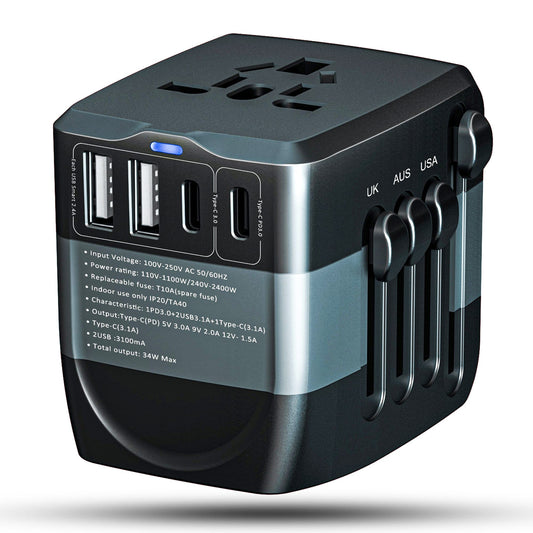 Adaptor incarcator universal priza de calatorie, Timebox, 2 x USB, 2 x Type-C pentru US, UK, EU, Australia, Asia, Negru/Albastru