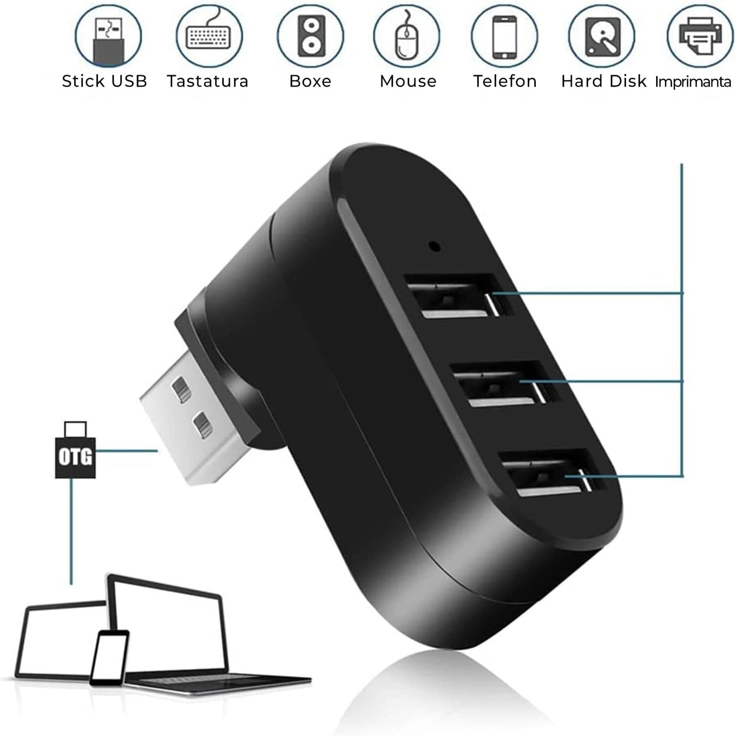 Hub USB extern 3 in 1, Rotativ 180 grade, Adaptor cu 3 porturi, USB 3,0, Splitter, Alb