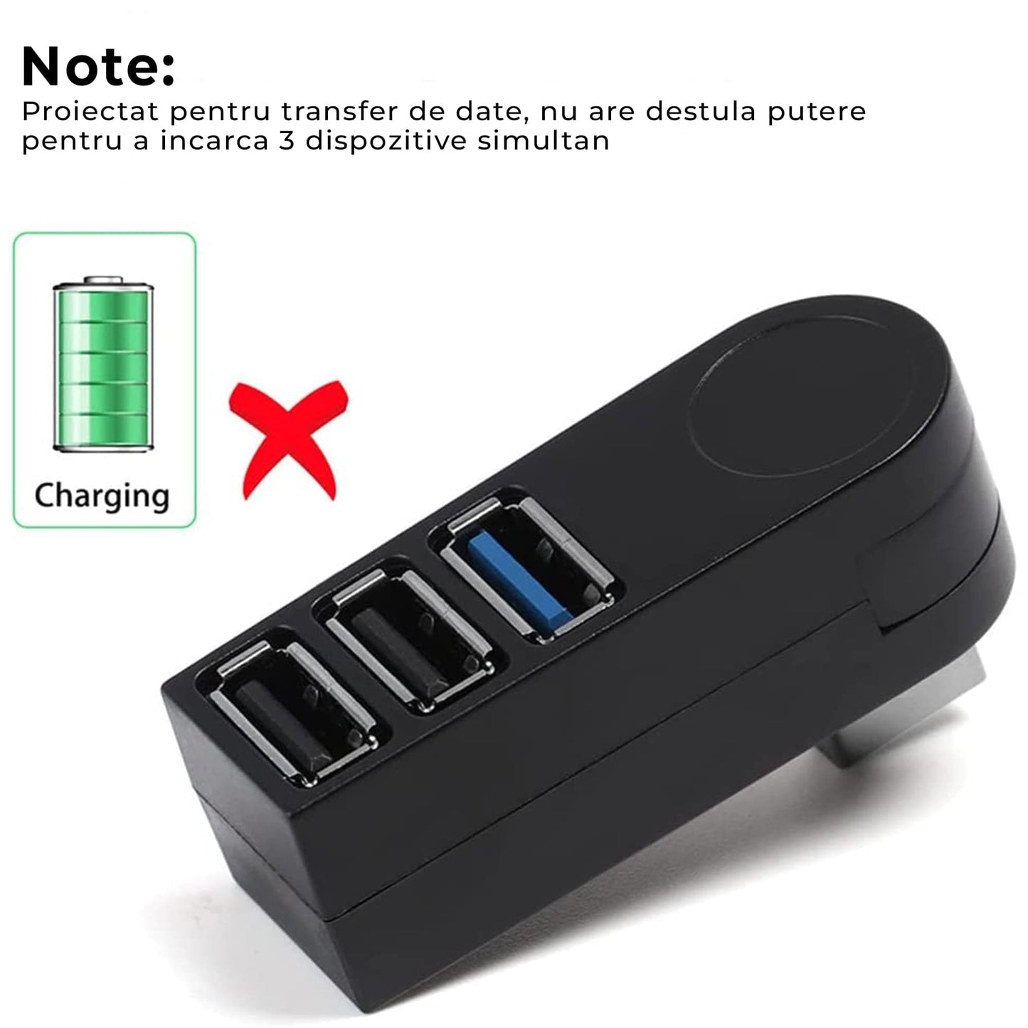 Hub USB extern 3 in 1, Rotativ 180 grade, Adaptor cu 3 porturi, USB 3,0, Splitter, Alb