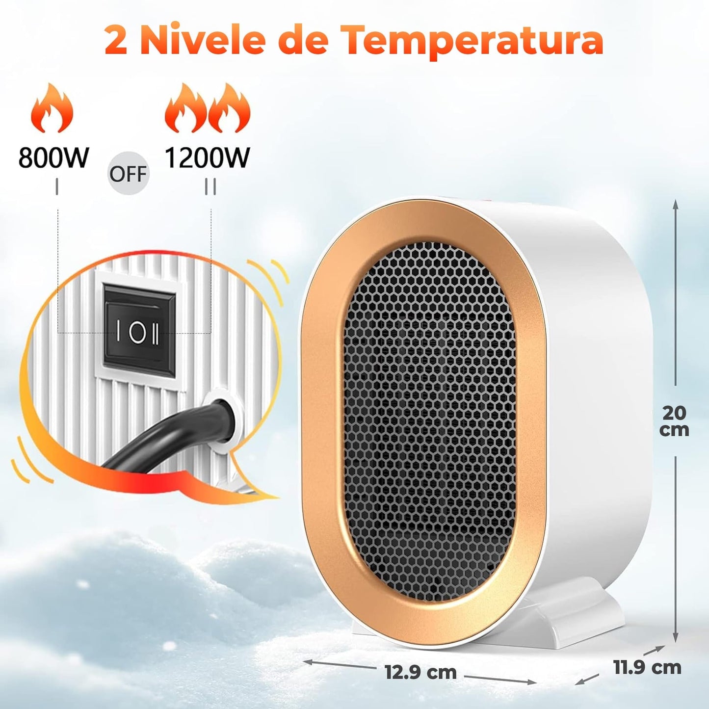 Aeroterma ceramica electrica Timebox, compact si silentios, cu incalzire rapida 1200W, reglabil in 2 trepte, pentru birou, Alb