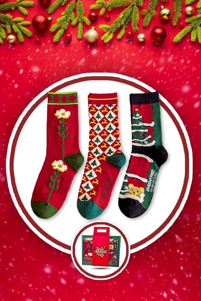 Set 3 sosete cu decoratiuni de Craciun, brad, zapada, Mos Craciun, bumbac 95%, marimea 36-41, Unisex