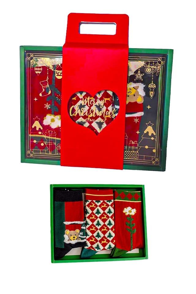 Set 3 sosete cu decoratiuni de Craciun, brad, zapada, Mos Craciun, bumbac 95%, marimea 36-41, Unisex