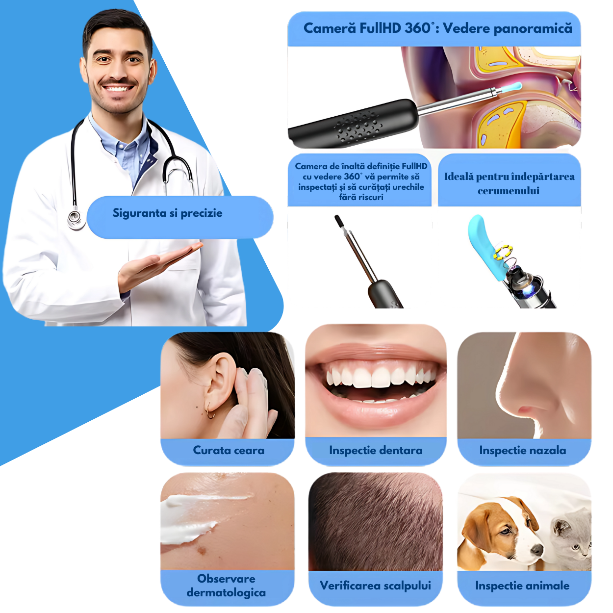 Aparat Profesional pentru Curatarea Urechilor cu Camera 360° HD 