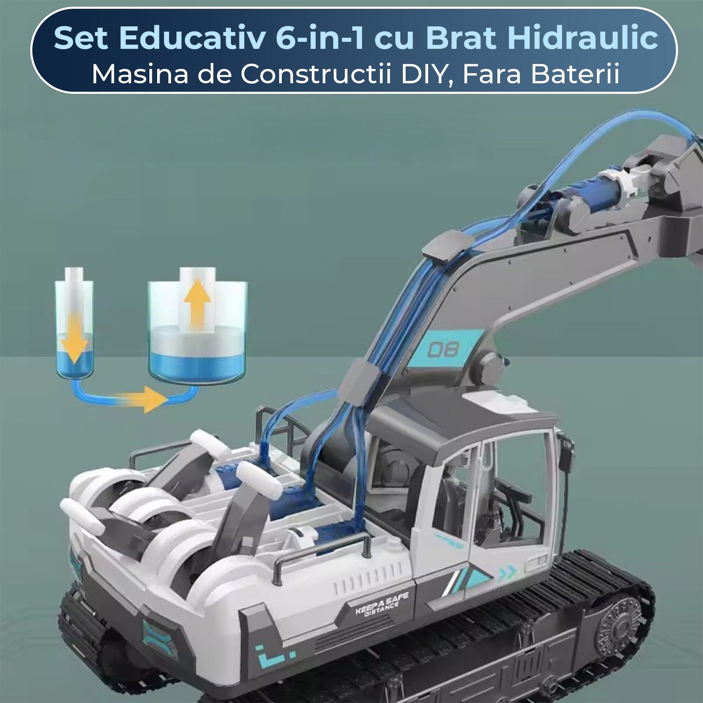 Set Educativ 6 in 1 de Constructie Hidraulica pentru Copii 8–12 Ani – Excavatoare, Macara si Incarcator Lemne, Joc Interactiv STEM