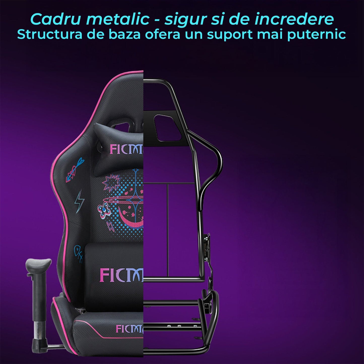 Scaun Gaming Timebox, Reglaj Spatar 160°, Suport Picioare Extensibil, Tetiera si Perna Lombara, Cadrul Metalic Rezistent, Material Premium, Ajustare 3D a Bratelor – Negru/Roz