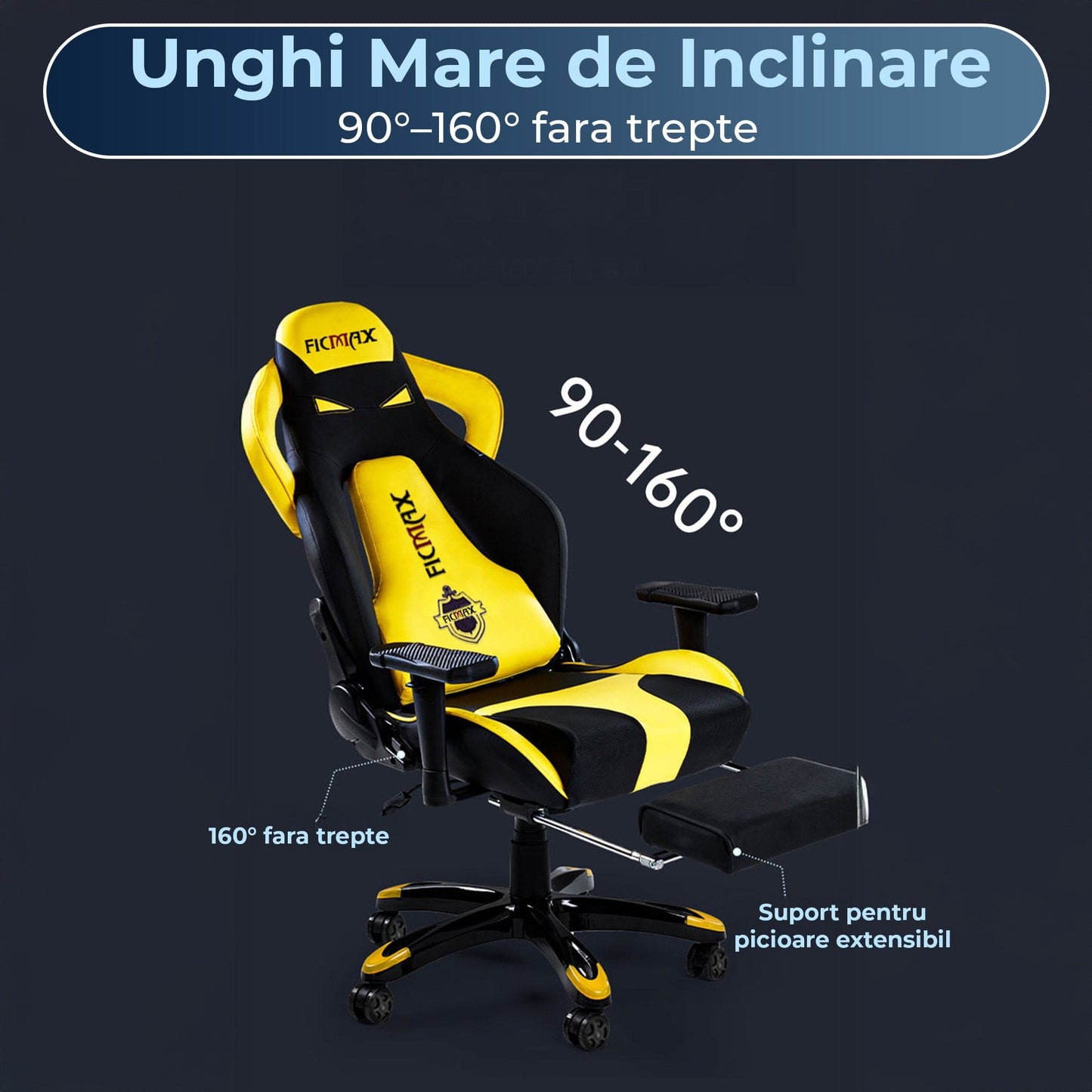 Scaun Gaming Ergonomic – Spatar Inalt, Design Sport, Rotativ 360°, Tapiterie Pet-Friendly, Cadru Metalic Rezistent Suport de Picioare, Galben