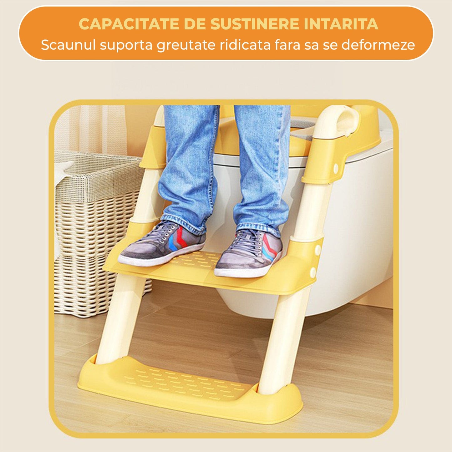 Reductor WC cu Treapta pentru Copii – Suport cu Scaunel si Manere, Design Amuzant, Pliabil, Material Ecologic, Potrivit pentru Baieti si Fetite, Confortabil si Sigur pentru Toaleta de Adult, Galben