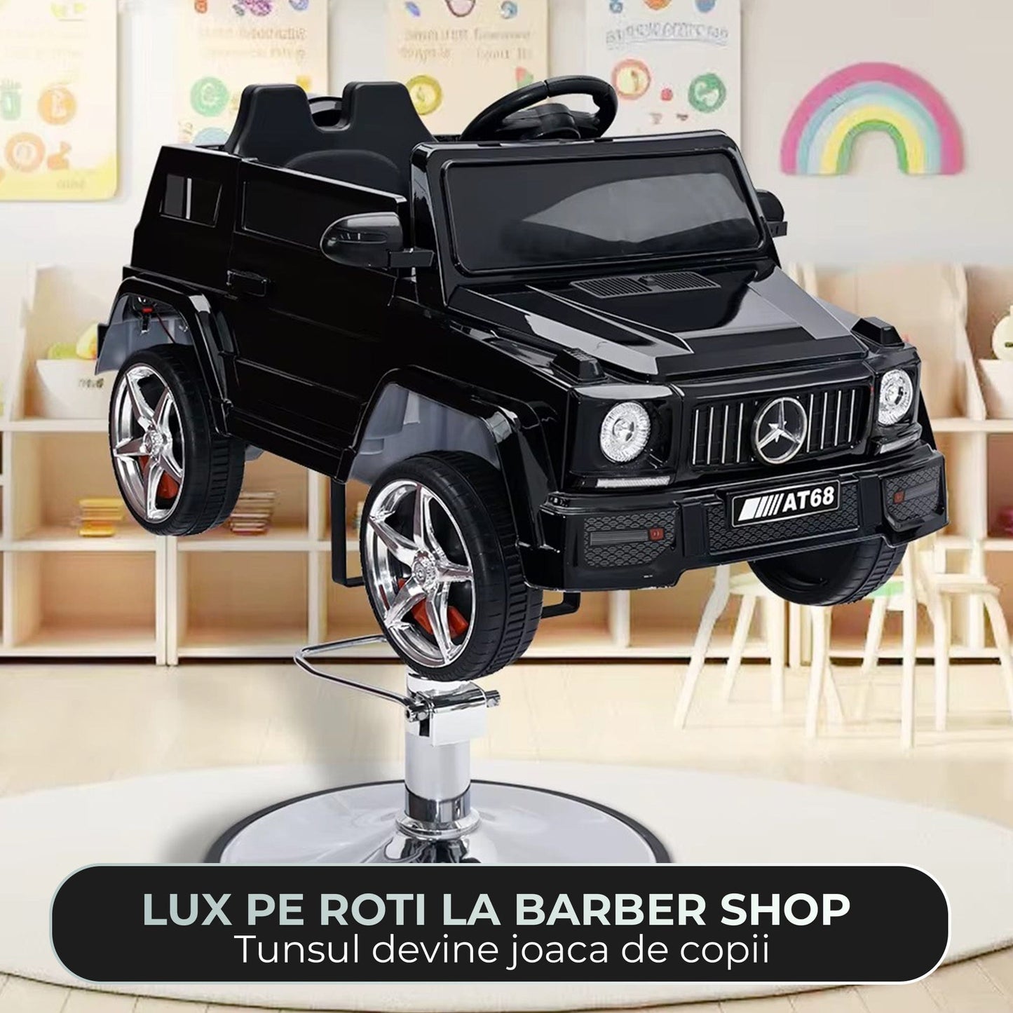 Scaun auto de tuns copii model G-Class – Scaun interactiv cu Bluetooth, Centura de siguranta si Reglaj pe inaltime, Baza metalica, Experienta premium pentru saloane si frizerii, Negru