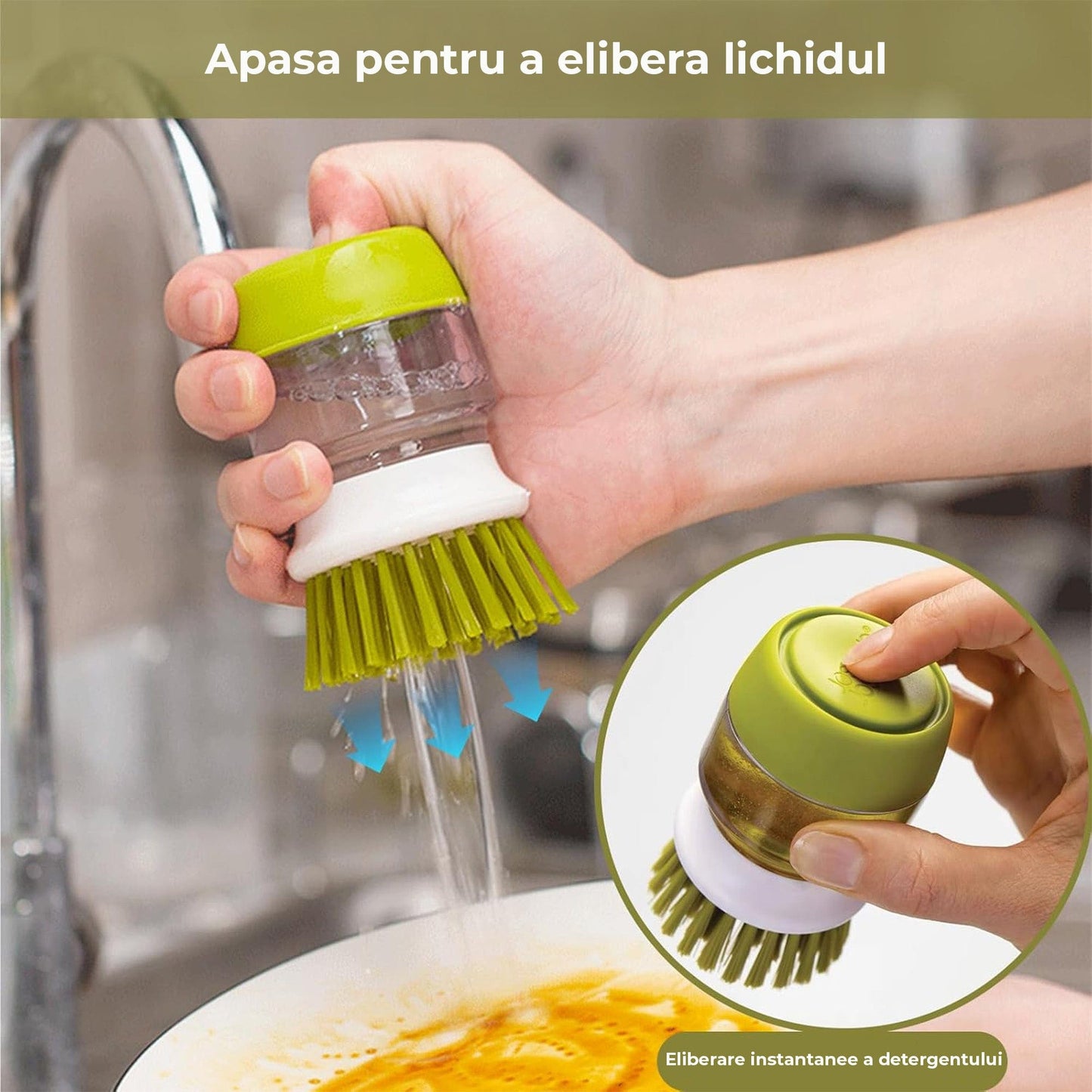 Dispenser Detergent cu Perie si Suport de Scurgere – Set Compact pentru Curatarea Vaselor si Chiuvetei, Dozare Automata, Design Modular cu Cap Reutilizabil si Rezerva, Gri