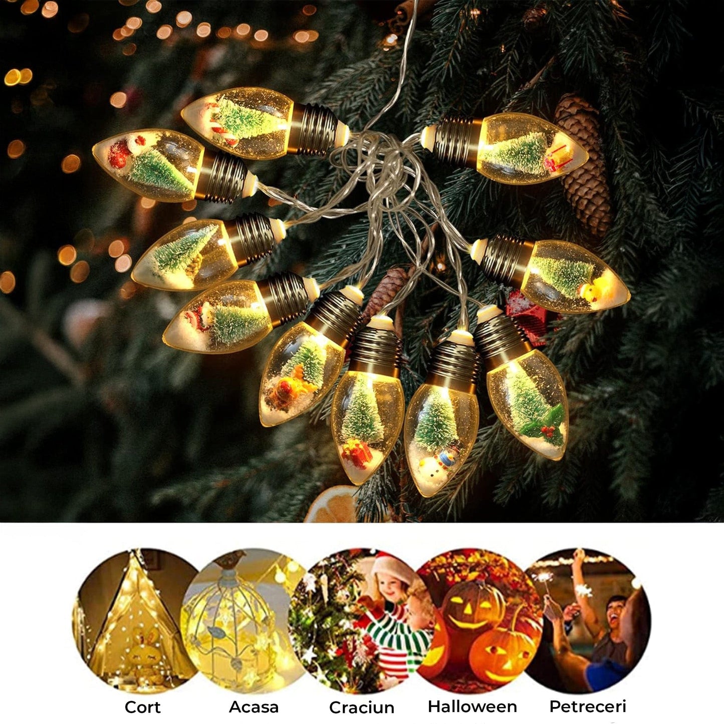 Instalatie Craciun, 2m, 10 becuri LED Snow Globe, Decor cu braduti si zapada, Acril rezistent, 2 moduri lumina, Alimentare pe baterii AA, Interior/exterior