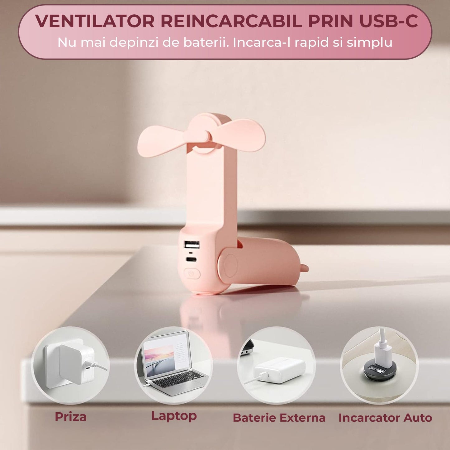 Mini Ventilator Portabil 3 in 1 – Reincarcabil USB, cu Power Bank si Lanterna, Design Compact pentru Calatorii, Vara, Concerte sau Birou, Autonomie 12–19 Ore, Roz
