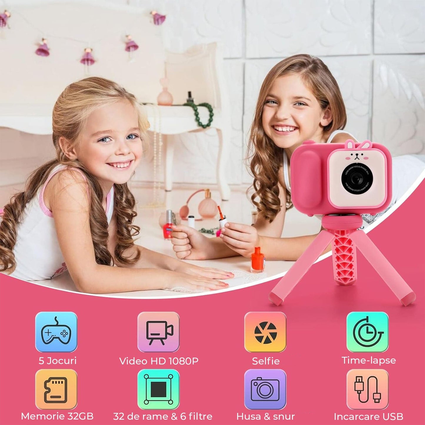 Camera Video Digitala pentru Copii cu Ecran Mare 2,4", Card 32GB, Trepied si Functie Selfie – 1080P HD, Cadou Educativ si Creativ pentru Baieti si Fetite 3-10 Ani, Ideala pentru Vlogging si Poze Amuzante, Roz