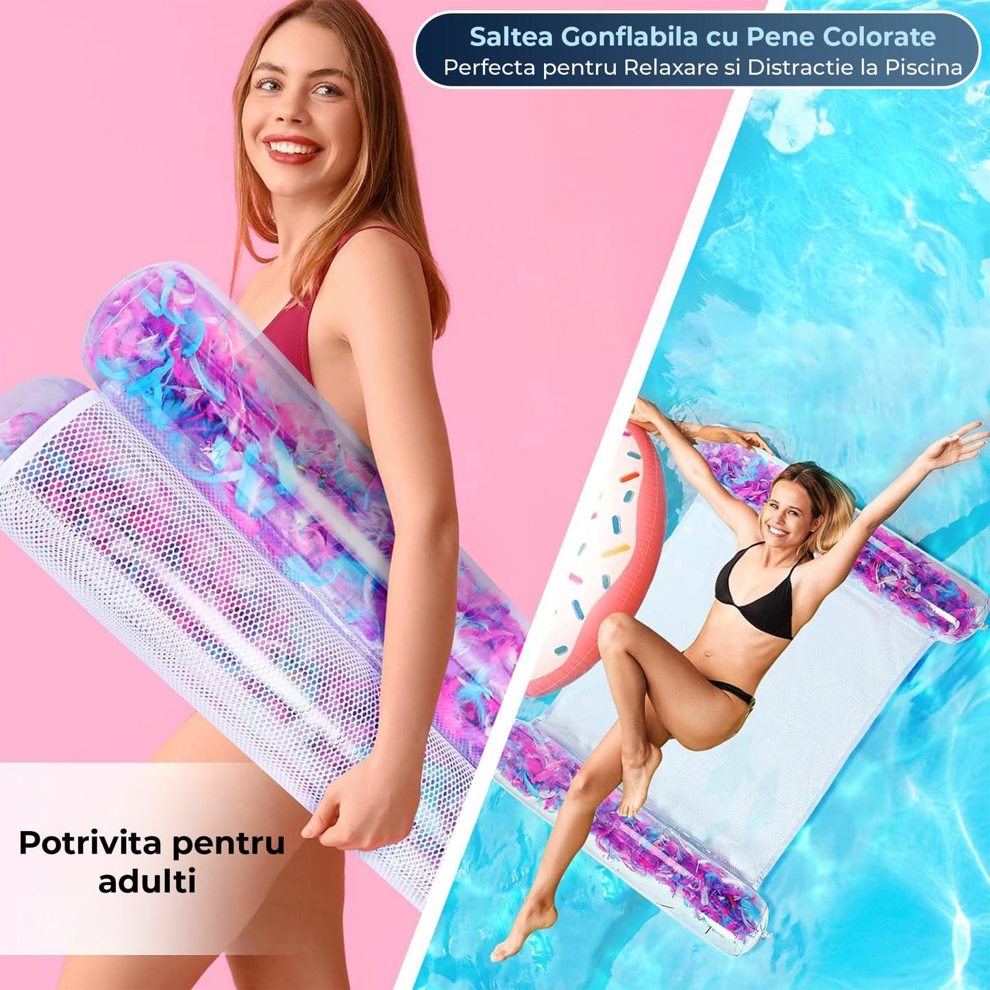 Colac Transparent cu Plasa si Pene pentru Piscina, Hamac Gonflabil Multifunctional pentru Adulti, Design Modern, Ideal pentru Plaja, Lac sau Mare, Usor de Transportat, Roz