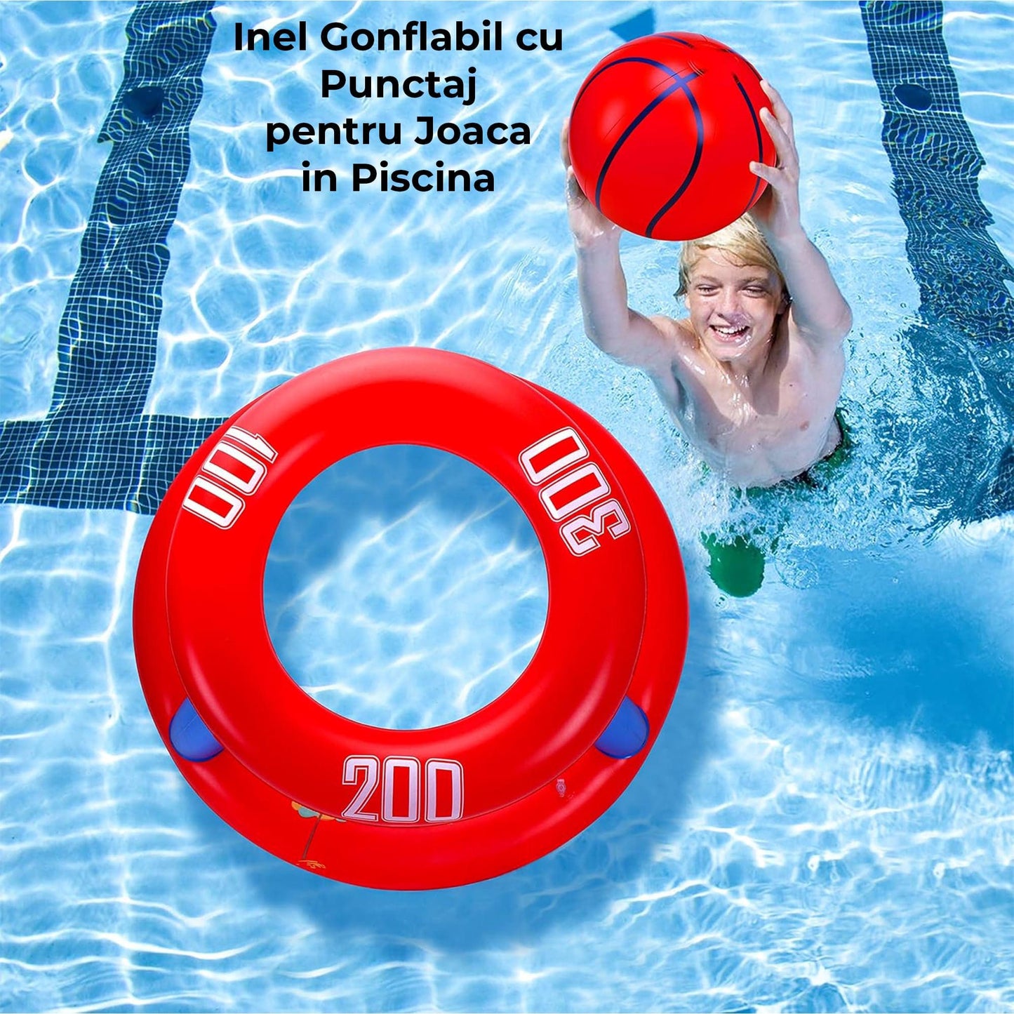 Set 3 in 1 Jocuri Gonflabile pentru Piscina – Cos Baschet Plutitor, Aruncare Inele si Minge de Plaja 30 cm, Ideal pentru Copii si Adulti, 6 Piese, Multicolor