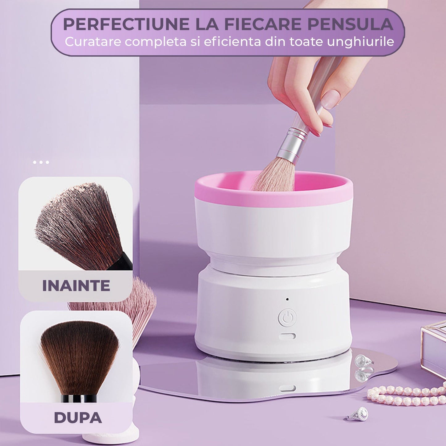 Aparat Electric de Curatare pentru Pensule de Machiaj - Reincarcabil USB, Portabil, Compatibil cu Toate Dimensiunile de Pensule, Ergonomic si Functionalitate pentru 1-8 pensule, Alb
