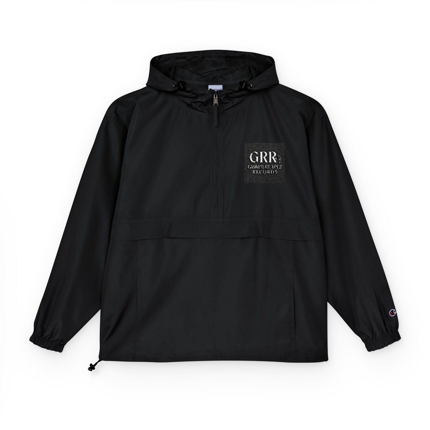 Champion Packable Anorak Jacket — Black Windbreaker with QRIS Chest Graphic