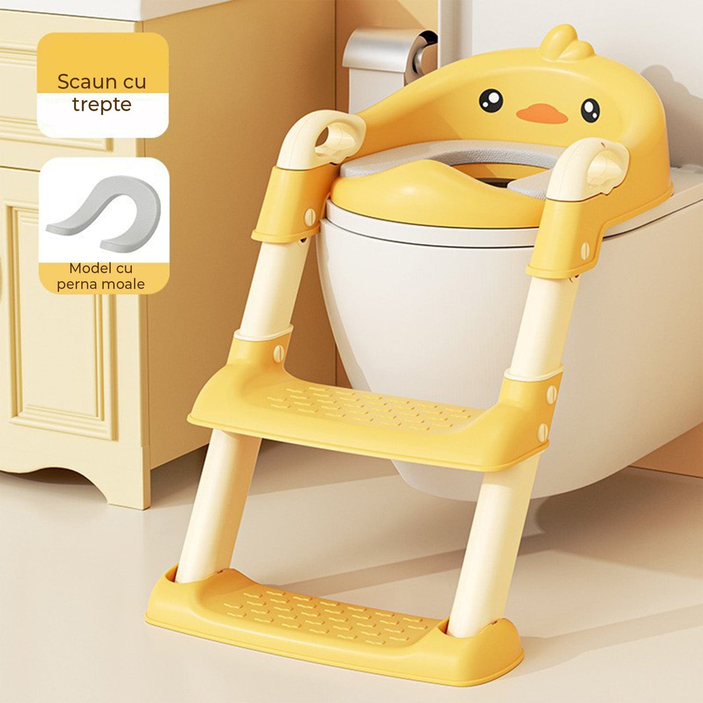 Reductor WC cu Treapta pentru Copii – Suport cu Scaunel si Manere, Design Amuzant, Pliabil, Material Ecologic, Potrivit pentru Baieti si Fetite, Confortabil si Sigur pentru Toaleta de Adult, Galben