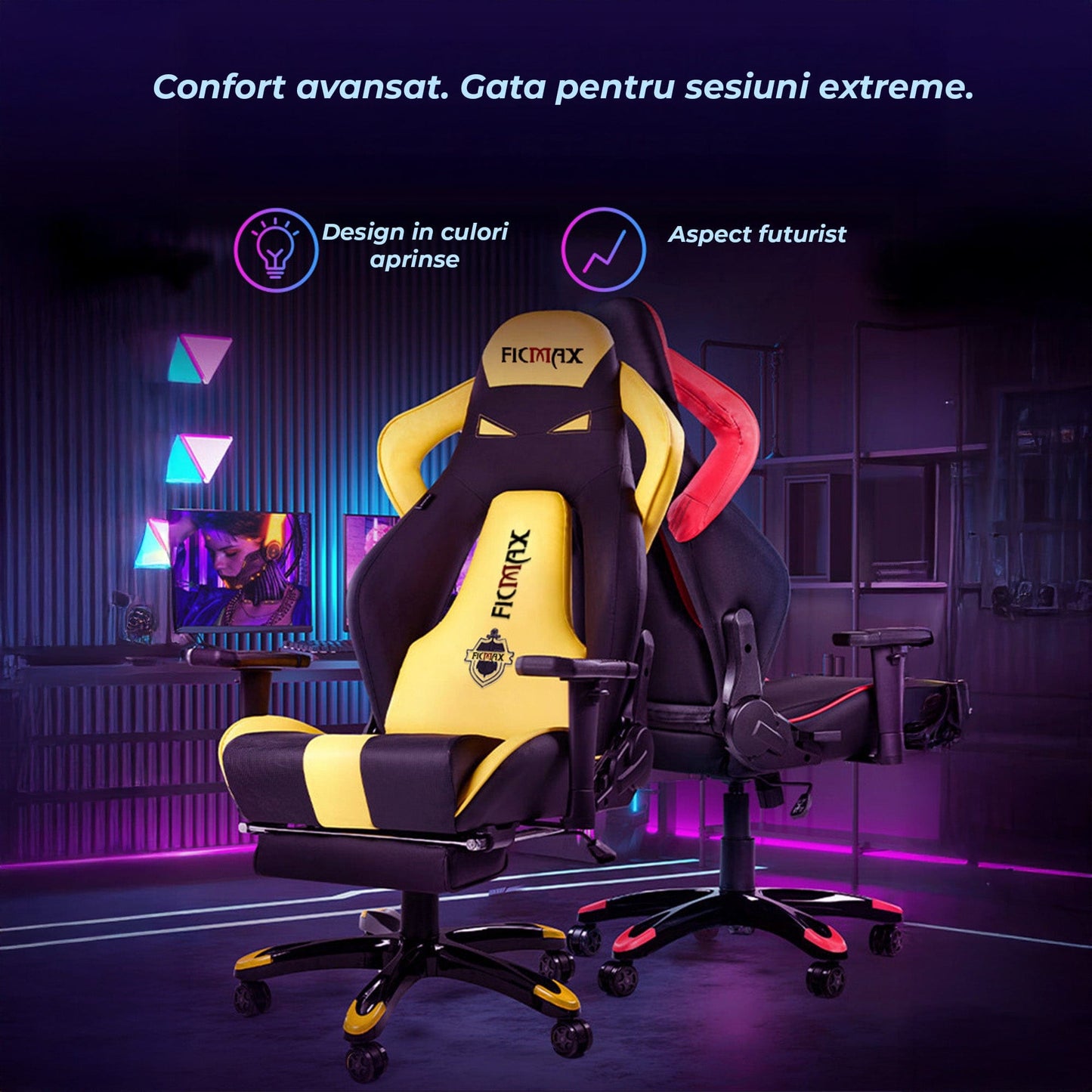 Scaun Gaming Ergonomic – Spatar Inalt, Design Sport, Rotativ 360°, Tapiterie Pet-Friendly, Cadru Metalic Rezistent Suport de Picioare, Galben