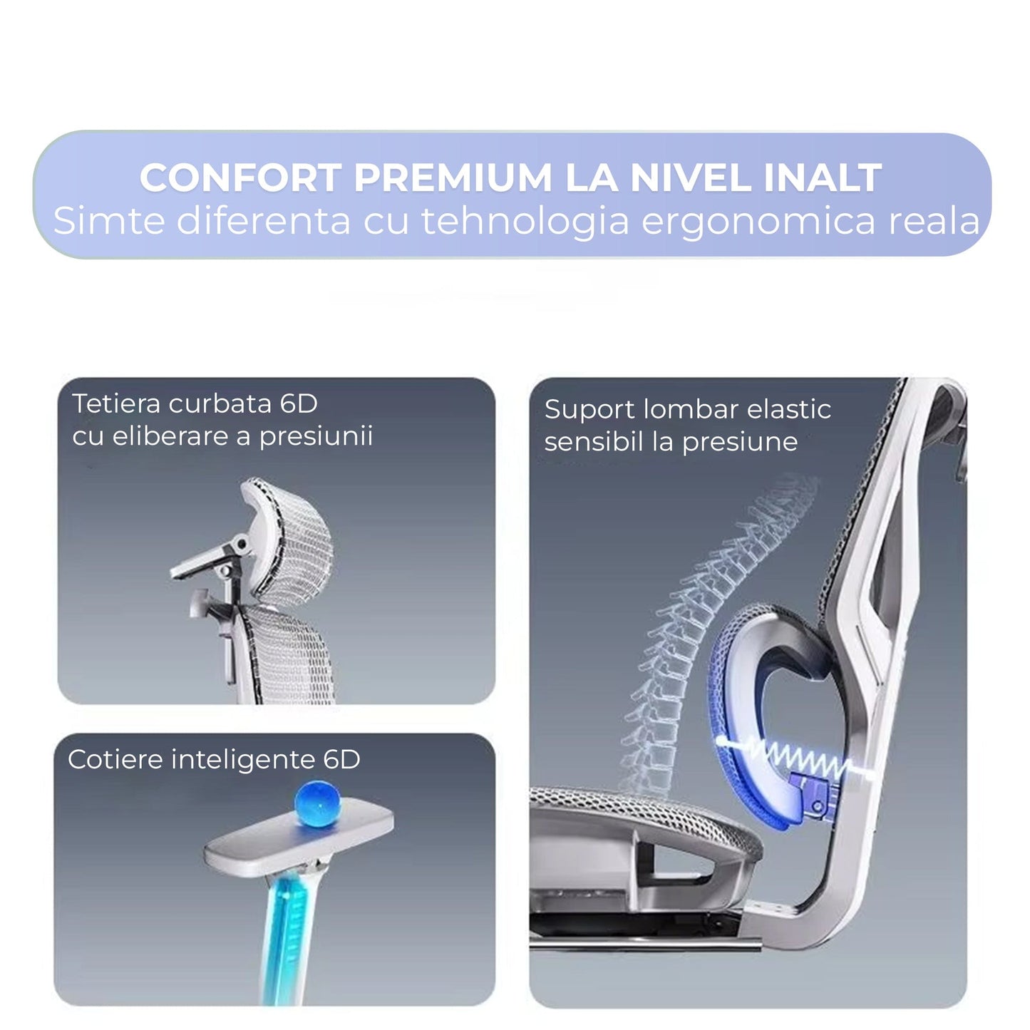 Scaun birou ergonomic Timebox, Plasa mesh respirabil, Tetiera, 4D armrest, Reglaj inaltime si adancime sezut, Suport picioare rabatabil, Spatar cu suport lombar ajustabil, Rotativ cu roti, Gri