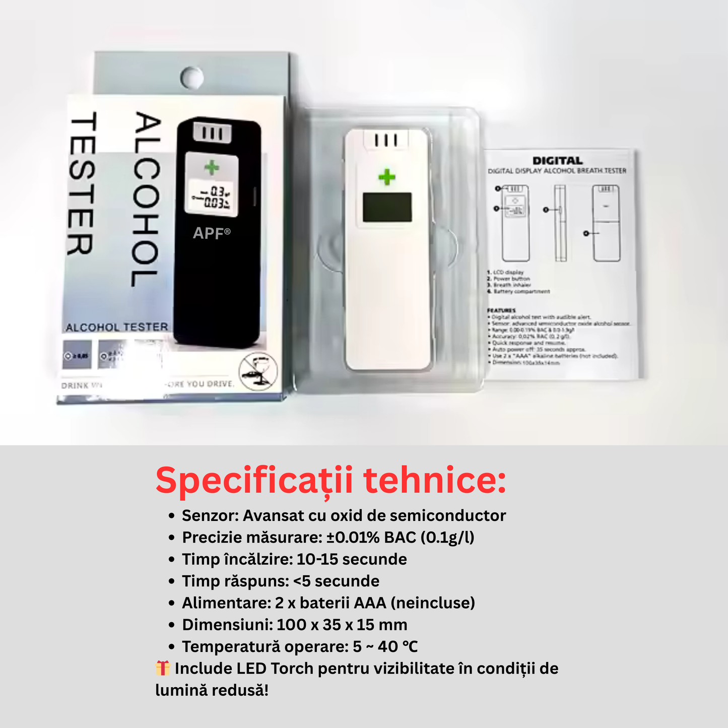 Alcooltest Digital Certificat NF – Precizie 0.01% BAC, LCD, Alertă Sonoră