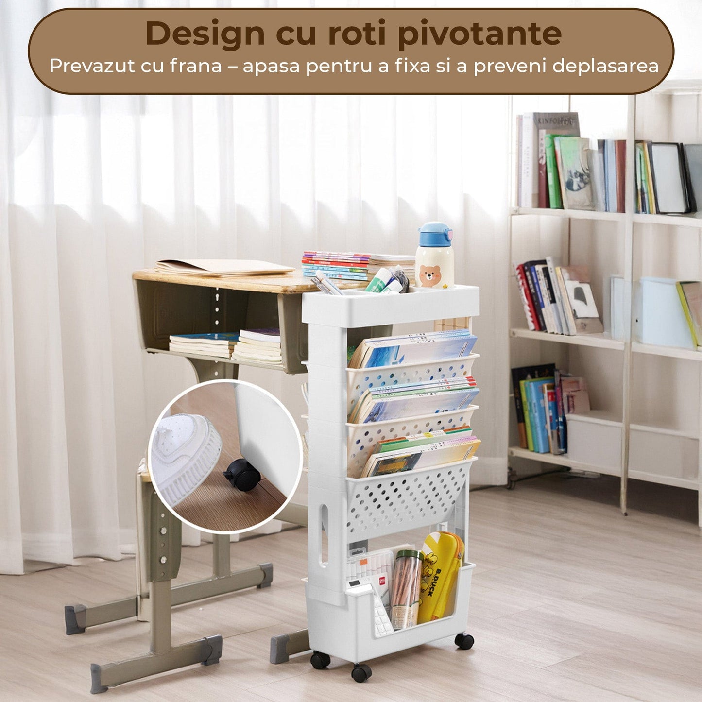 Etajera Multifunctionala cu 5 Rafturi pe Roti – Suport Mobil pentru Carti, Birou, Machiaj sau Bucatarie, Design Modern Fara Gaurire, Ideala pentru Camera, Clasa sau Dormitor, Gri