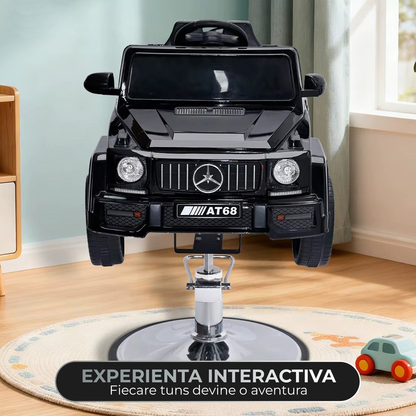 Scaun auto de tuns copii model G-Class – Scaun interactiv cu Bluetooth, Centura de siguranta si Reglaj pe inaltime, Baza metalica, Experienta premium pentru saloane si frizerii, Negru