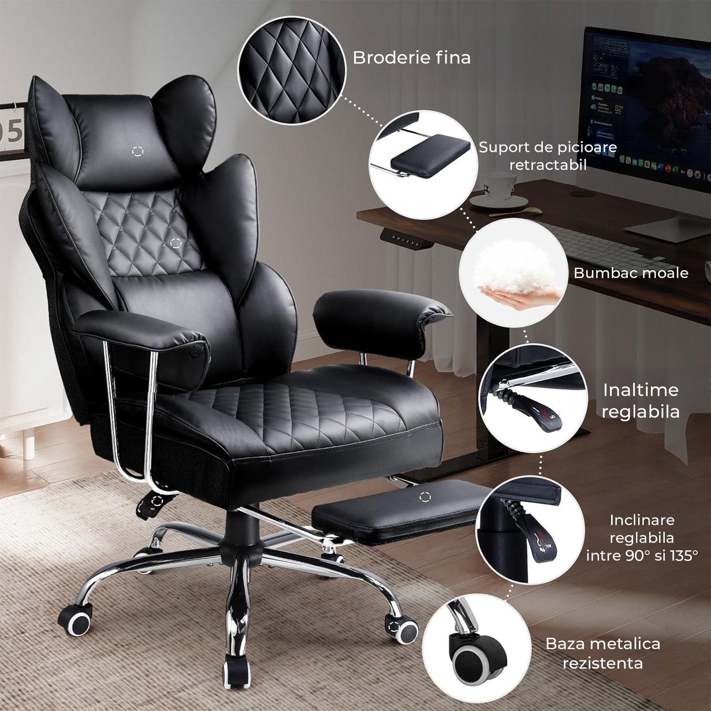 Scaun Office Timebox– Scaun Ergonomic Executiv din Piele cu Spatar Inalt, Suport Lombar cu Arcuri, Reclinabil 135°, Suport pentru Picioare si Cotiere Fixe, Confortabil, Cadru Metalic, Sustine Pana la 136 kg, Negru