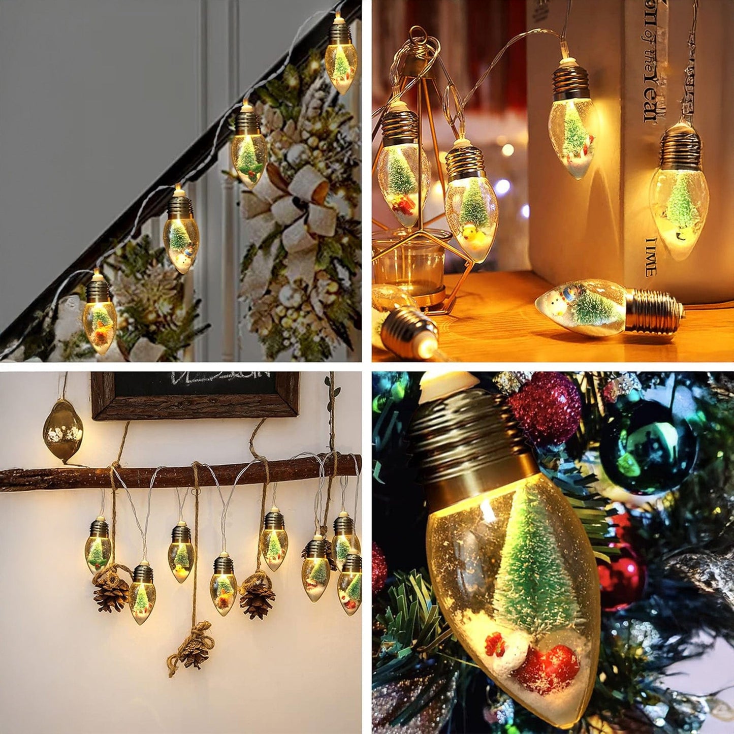 Instalatie Craciun, 2m, 10 becuri LED Snow Globe, Decor cu braduti si zapada, Acril rezistent, 2 moduri lumina, Alimentare pe baterii AA, Interior/exterior