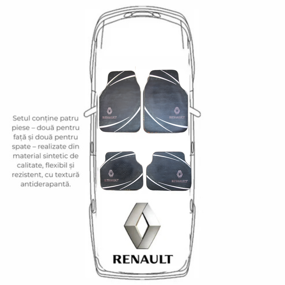 Set 4 Covorașe Auto Universale Renault – Negru cu Design Curbat