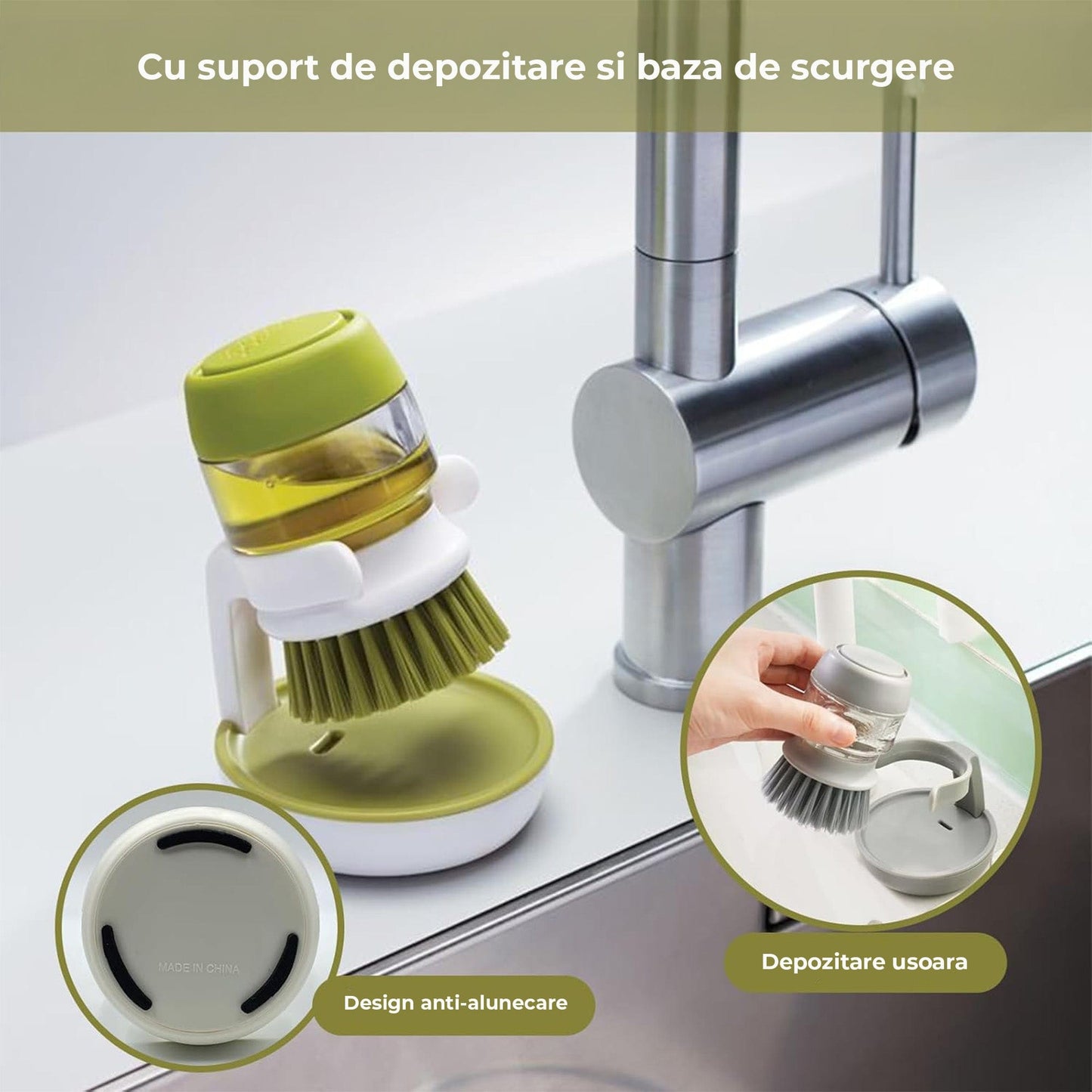 Dispenser Detergent cu Perie si Suport de Scurgere – Set Compact pentru Curatarea Vaselor si Chiuvetei, Dozare Automata, Design Modular cu Cap Reutilizabil si Rezerva, Gri