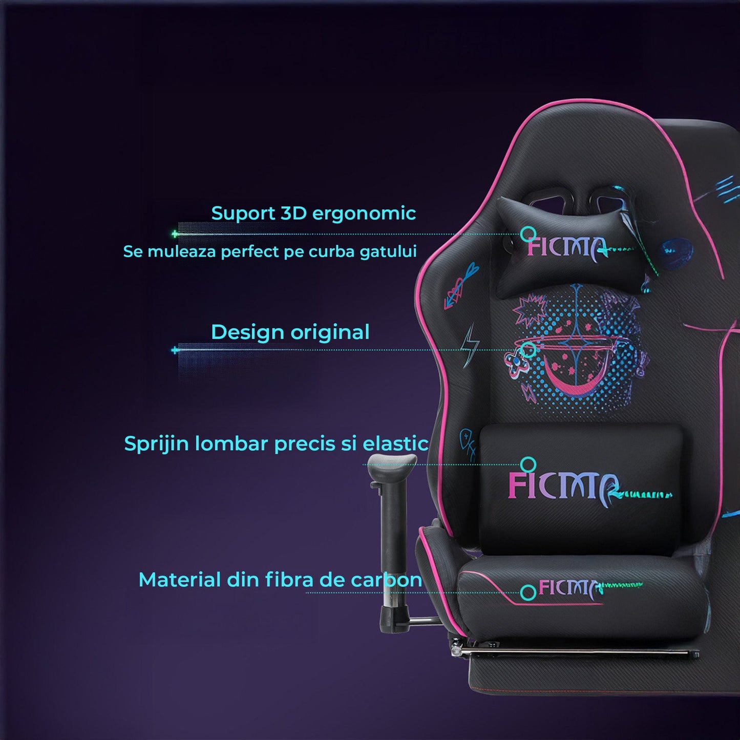 Scaun Gaming Timebox, Reglaj Spatar 160°, Suport Picioare Extensibil, Tetiera si Perna Lombara, Cadrul Metalic Rezistent, Material Premium, Ajustare 3D a Bratelor – Negru/Roz