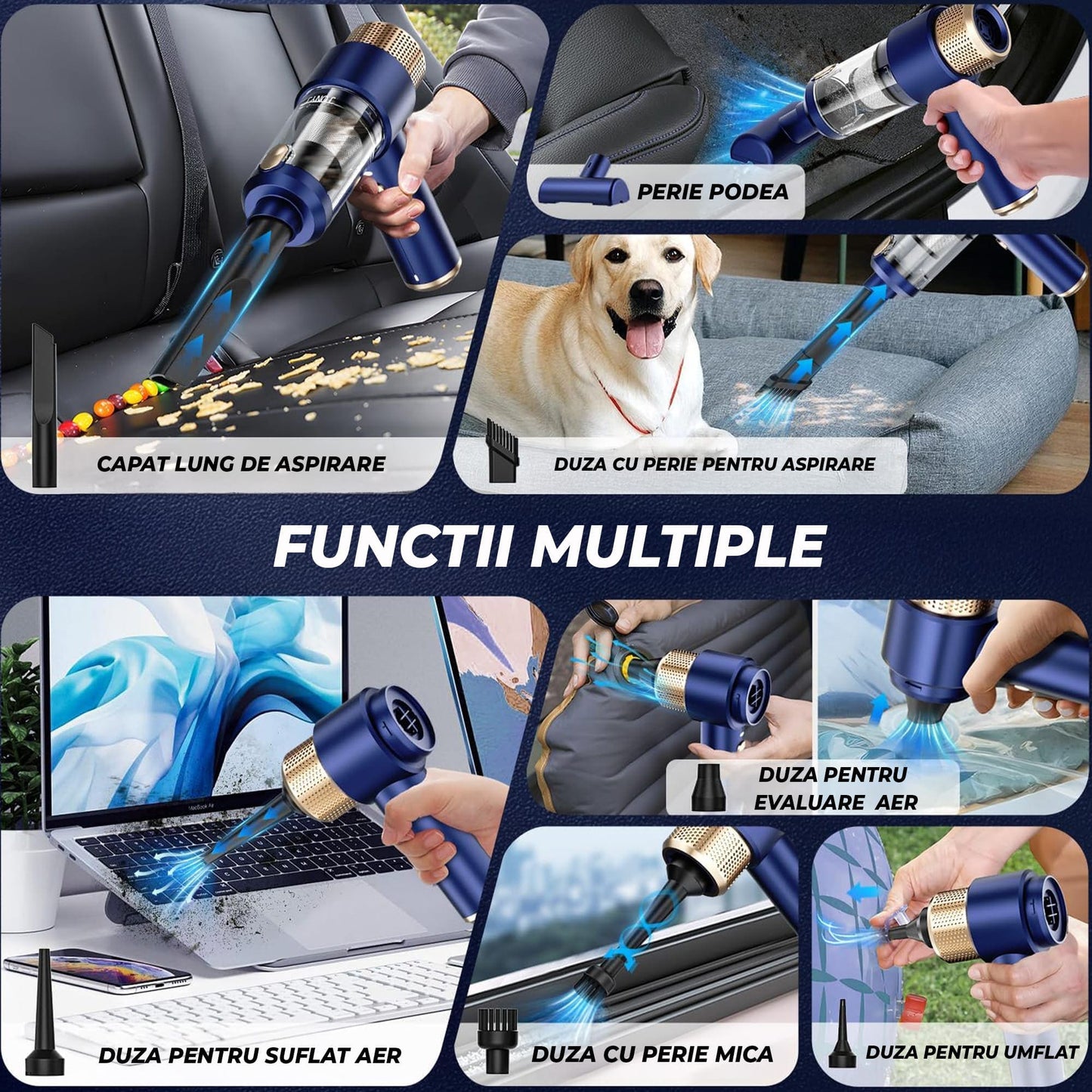 Aspirator Auto Portabil Timebox 2 in 1 – 16000PA, Fara Fir, cu Lumina LED si Accesorii Multiple, Filtru HEPA, Ideal pentru Masina, Acasa sau Birou, Albastru