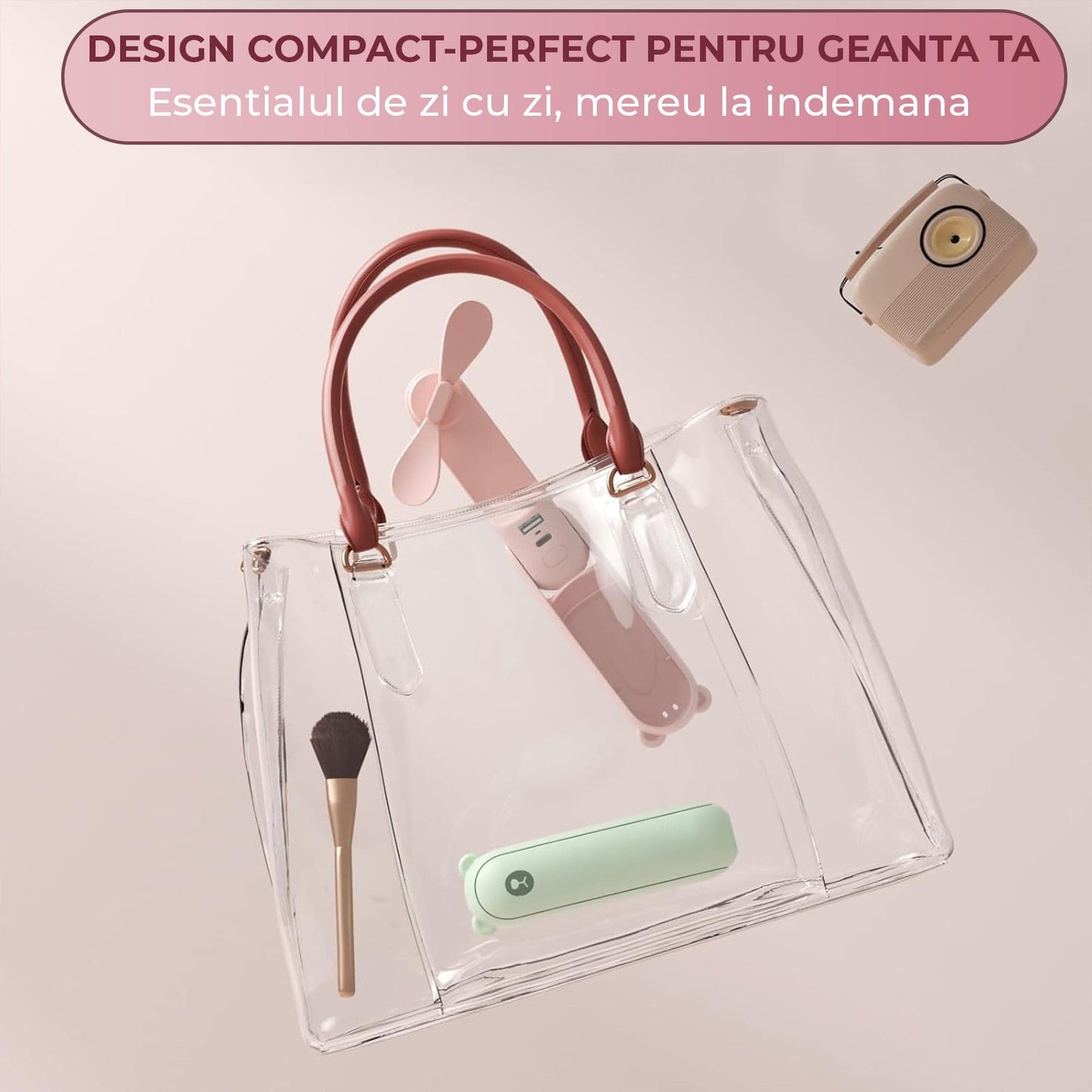 Mini Ventilator Portabil 3 in 1 – Reincarcabil USB, cu Power Bank si Lanterna, Design Compact pentru Calatorii, Vara, Concerte sau Birou, Autonomie 12–19 Ore, Roz
