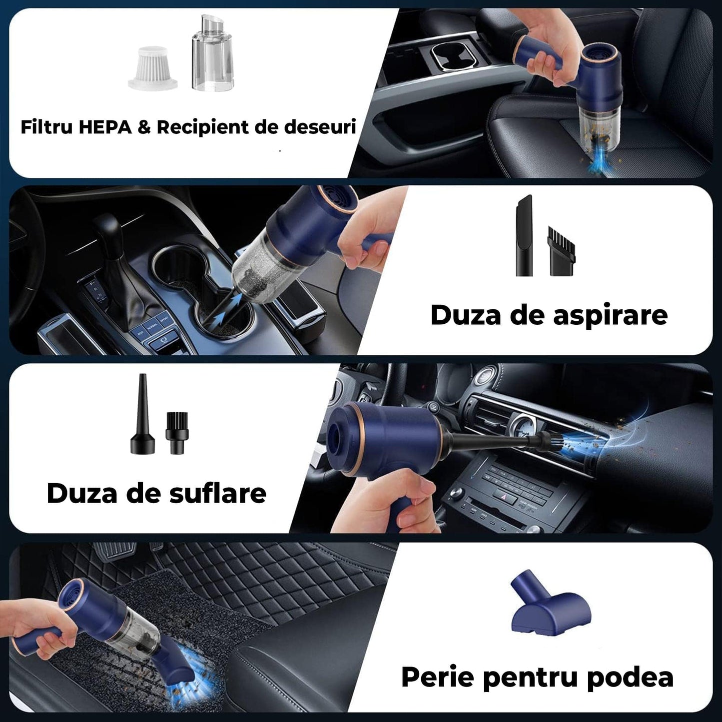 Aspirator Auto Portabil Timebox 2 in 1 cu Functie de Suflanta – 9000PA, 120W, Fara Fir, cu Baterie Reincarcabila, Lumina LED si Accesorii Multiple pentru Curatare Eficienta in Masina, Casa sau Birou