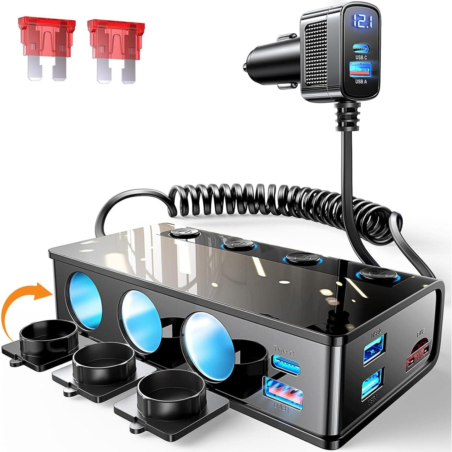 Adaptor pentru bricheta auto Timebox, 9 in 1, 3 x soclu auto, incarcare rapida 191W, 4 x USB QC3,0, 2 x Type-C, 12V/24V, Afișaj LED, Compatibil cu toate dispozitivele auto, Negru