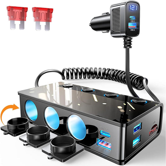 Adaptor pentru bricheta auto Timebox, 9 in 1, 3 x soclu auto, incarcare rapida 191W, 4 x USB QC3,0, 2 x Type-C, 12V/24V, Afișaj LED, Compatibil cu toate dispozitivele auto, Negru