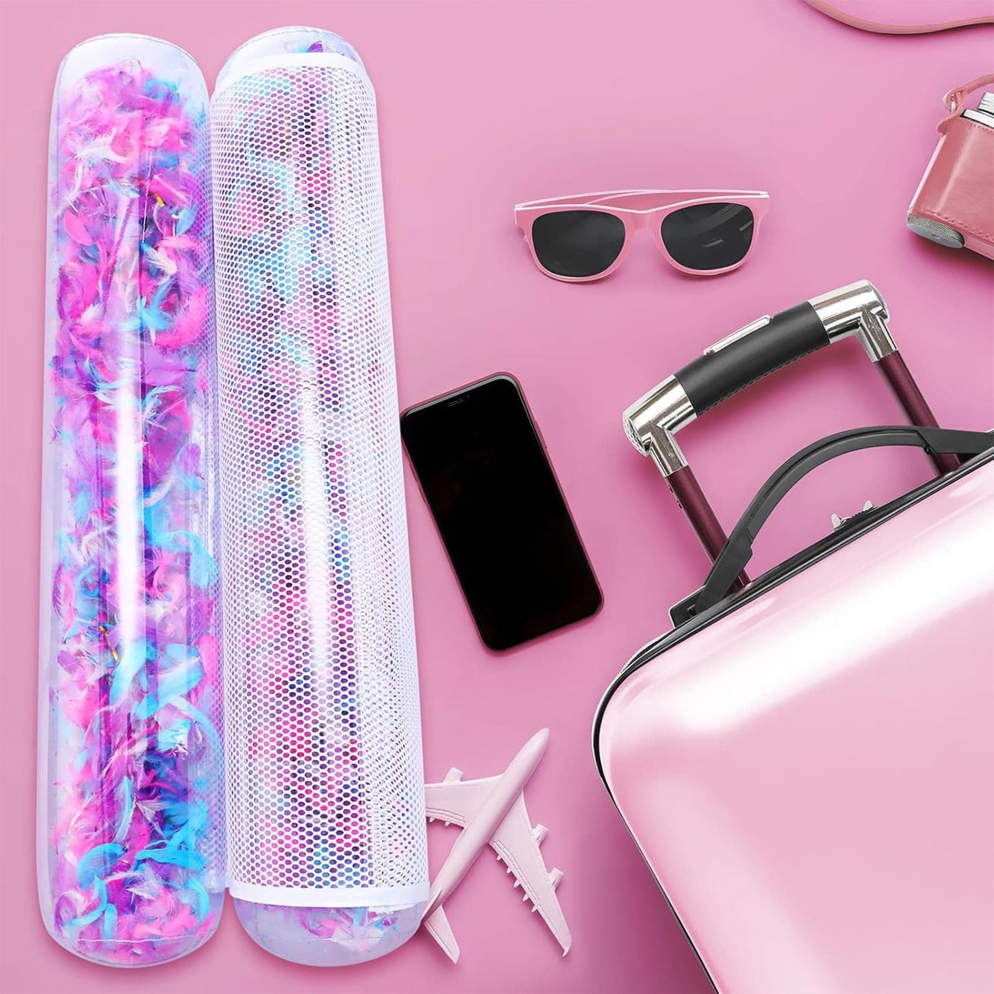 Colac Transparent cu Plasa si Pene pentru Piscina, Hamac Gonflabil Multifunctional pentru Adulti, Design Modern, Ideal pentru Plaja, Lac sau Mare, Usor de Transportat, Roz